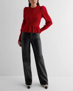 EXPRESS Ribbed Crew Neck Puff Sleeve Peplum Sweater - RED - Size L - Picture 1 of 5