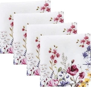 17" Square Cloth Napkins 4PC Set Floral Bordered Poppy Wildflower Boho Polyester - Picture 1 of 14
