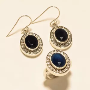 11.9Gm 925 Sterling Silver Blue Sapphire Cut Stone Fine Ring & Earring Set M1462 - Picture 1 of 1