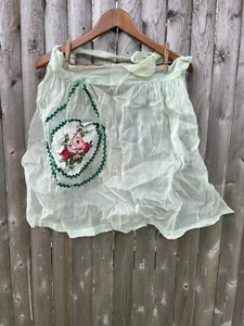 Vintage hellgrün durchsichtig Organdie Hostess halbe Schürze Rose Tasche handgefertigt MCM - Bild 1 von 5