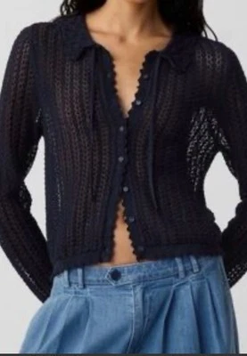 Gap × Doen S Small Linen Blend Cardigan Navy Blue Crochet Bow Cottage Prairie - Image 1 of 4