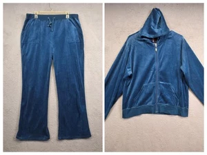 Y2K Velour Tracksuit Womens 2X Blue Hooded Jacket Wide Leg High Rise Pants NEW - Picture 1 of 16