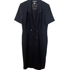 Escada Vintage Wool/Silk Double-Breasted Navy/Polka Dot Sheath Dress Womens 40 - Picture 1 of 8
