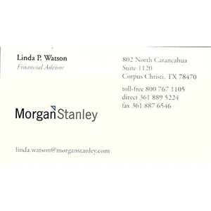 Tarjeta de visita vintage Morgan Stanley Linda P Watson Corpus Christi TX STK2-BC4-4 - Imagen 1 de 2