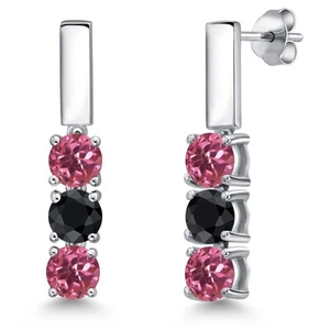 1.73 Ct Round Pink Tourmaline Black Sapphire 925 Sterling Silver Earrings - Picture 1 of 6