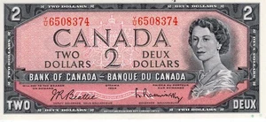 Bank of Canada 1954 $2 Two Dollars Beattie-Rasminsky Y/U Prefix Choice UNC - Bild 1 von 2