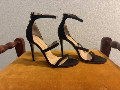 Tamara Mellon Black Suede PVC sandals heels 37 NWOB - Image 1 of 4