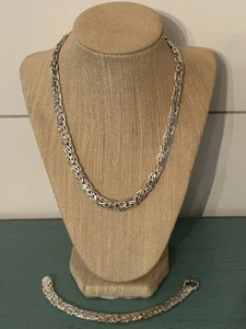 Sterling Silver 925 Byzantine Link Necklace Bracelet Set Turkey 37 Grams - Picture 1 of 4