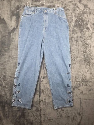 Pantalones de mezclilla para mujer grandes bordados florales tiro alto pierna recta Foto 1 de 4