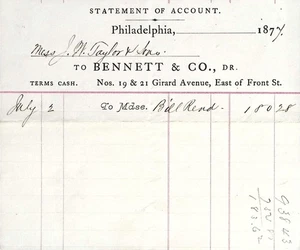 1877 Philadelphia Kontoauszug Bennett und Co Antique Business Ephemera - Bild 1 von 3