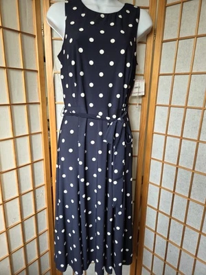 NUEVO CON ETIQUETAS VESTIDO ANNE KLEIN AZUL/BLANCO LUNARES ELÁSTICO SIN MANGAS TALLA 6 Foto 1 de 4