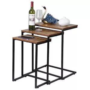 Set of 3 C Shaped End Side Snack Table for Sofa Couch Slide Under Living Room - Picture 1 of 24