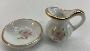 Vintage Doll House Ceramic Wash Basin and Pitcher Floral With Gold Accent - Picture 1 of 4