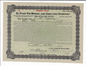 Texas 1909 El Paso Tin Mining & Smelting Co Stock Certificate #33 Franklin Mtn - Bild 1 von 2