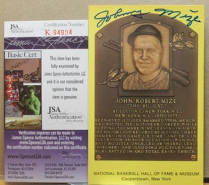 "JOHNNY MIZE"  HALL OF FAME GOLD PLAQUE POST CARD(JSA) - Picture 1 of 2