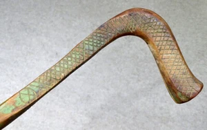 1850's W W KITTRELL Antique FOLK ART Carved Wood WALKING STICK Cane GREEN PAINT - Picture 1 of 8