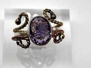 Vintage Sterling Silver 925 Ring Three Tone Brass Copper Amethyst 4.25g Size R - Picture 1 of 9