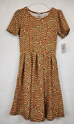 LULAROE Амелия вязаное платье с коротким рукавом желтый оранжевый зеленый карманы молнии назад Sz M - Изображение 1 из 4