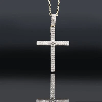 Colgante religioso cruz diamante natural certificado 0,25 quilates oro blanco 14 quilates cadena 18" Foto 1 de 4