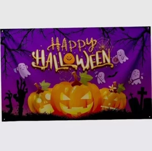 Halloween Hintergrund Happy Halloween Banner lila Kürbisse 71" x 43" ~ 6' x 3,5' - Bild 1 von 7