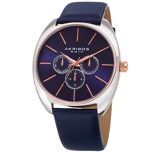 Men's Akribos XXIV AK998BU Chronograph Rose Silver Tone Blue Leather Strap Watch - Picture 1 of 4
