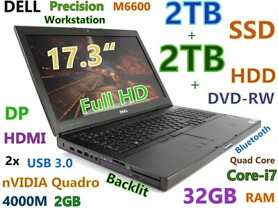 Workstation 17.3"  DELL M6600 i7-Quad 2TB SSD + 2TB HDD DVDRW 32GB FHD 4000M-2GB - Image 1 of 4