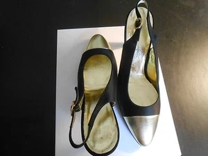 SAKS FIFTH AVENUE "FENTON LAST"--BLACK SILK WITH GOLD TOE---7B - Picture 1 of 5