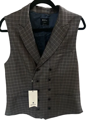 Boga Men's Double Breastetd Navy and Saddle Plaid Wool Silk Vest Waistcoat Sz L - Image 1 of 4