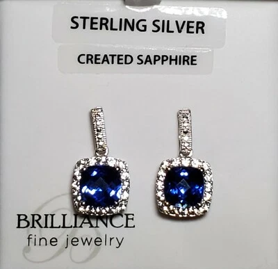 Cushing Cut Created Blue & White Sapphire Dangling Sterling Silver Earrings - Image 1 of 4