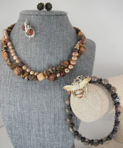 Pearl Tiger Eye Bead Necklace Leather Agate Bracelet Earring Bea Pin 5 Piece Set - Picture 1 of 24