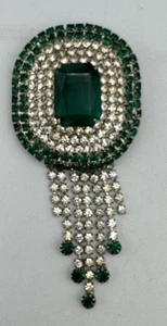 Vtg Prong Set Rhinestone Dangle Brooch Emerald/Crystal Tone Rhinestones 3.25”L - Picture 1 of 3