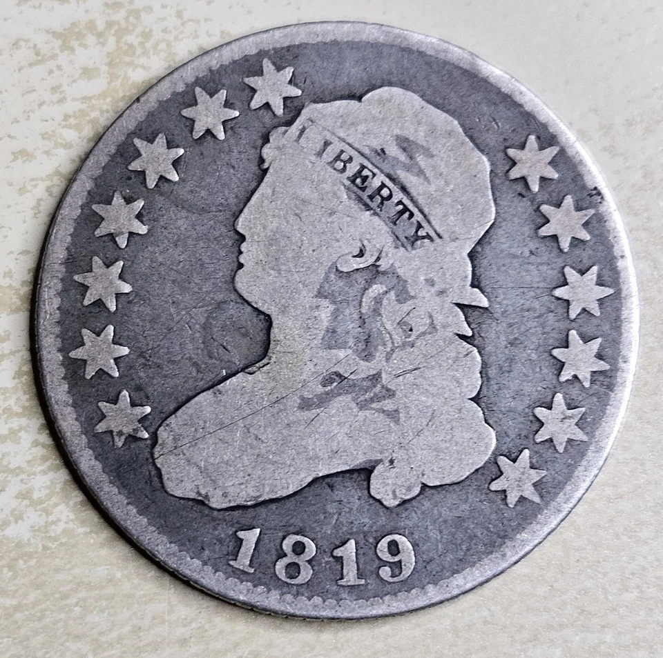 Cuarto busto tapado 1819 pequeño 9 B-3 bueno G o muy bueno en muy buen estado semi llave Foto 1 de 4