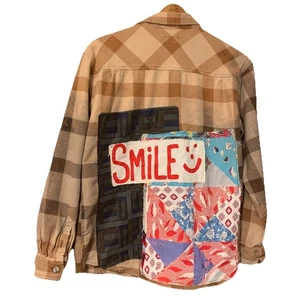 Upcycled Flannel Shirt Shacket L Folk Art Festival Patchwork Artsy Boho SMILE - Picture 1 of 12