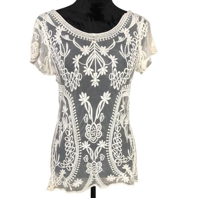 Dulce Cream Embroidered Mesh Cottagecore Fairy Lace Scoop Neck Top Sz S - Image 1 of 4