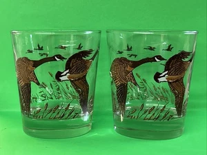 VINTAGE LIBBEY GLASSES-OLD FASHION-SET OF 2-PAINTED FLYING GEESE-BROWN-4 IN TALL - Picture 1 of 6