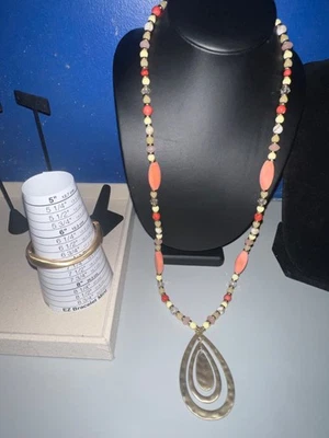 Gold-tone Multi-colored Bead w/ Tiered Teardop Pendant & Matte Gold Clamper - Image 1 of 4