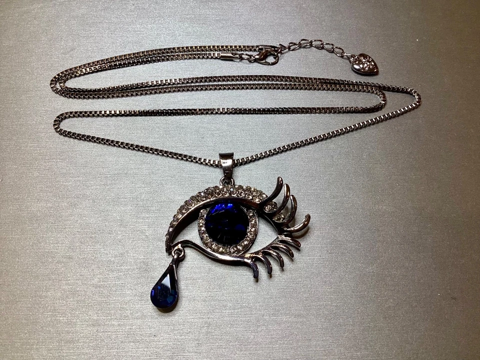 BETSEY JOHNSON DARK BLUE RIVOLI EYE TEAR 28-29.5” COSTUME NECKLACE JEWELRY - Image 1 of 4
