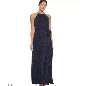 DKNY Embellished-Trim Pleated Halter Gown belted gown dress navy size 6 - Picture 1 of 16