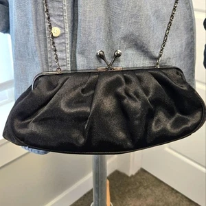 VINTAGE JESSICA MCCLINTOCK SCHWARZ SATIN ABENDTASCHE CROSSBODY HANDTASCHE FORMELL PROM - Bild 1 von 12