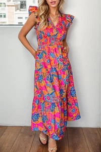 Printed V-Neck Cap Sleeve Pocketed Midi Dress - Picture 1 of 4