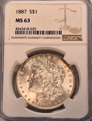 Dólar de plata Morgan 1887 MS63 Philadelphia NGC tono claro Foto 1 de 3