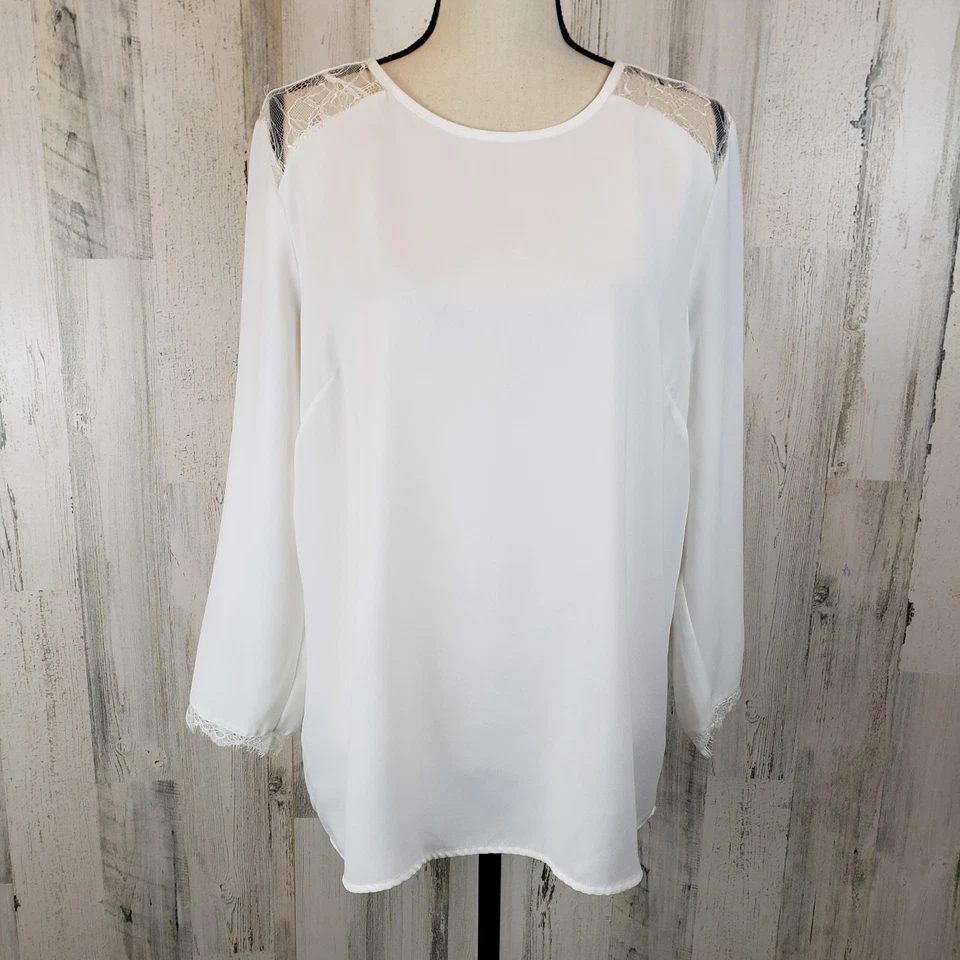 Blusa Larga Alta Sally Talla 12 Invierno Blanco Encaje Oficina Negocios Informal Ropa de Trabajo Foto 1 de 4