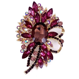 Large Flower Bow Brooch Pin, Gold Tone, Scarf Decoration, Rhinestone Crystal - Picture 1 of 4