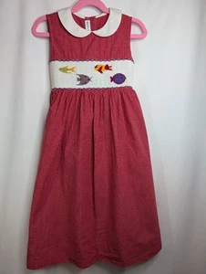 Silly Goose Girls Smocked Red & Fish Elastic Sleeve Dress Sz 5 - Picture 1 of 7