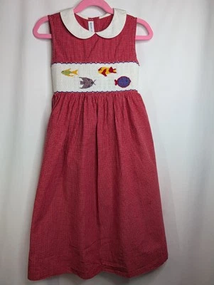 Silly Goose Girls Smocked Red & Fish Elastic Sleeve Dress Sz 5 - Image 1 of 4