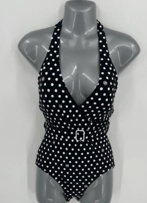 Michael Kors One Piece Swimsuit Belted Polka Dot Black White Halter Size 6 New - Image 1 of 4