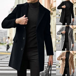 Mens Single Breasted Trench Coat Pea Coat Notch Lapel Long Casual Overcoat - Picture 1 of 20