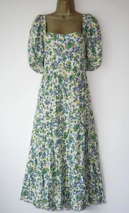 NEW LOOK IVORY GREEN BLUE YELLOW FLORAL TIER MIDI SUN DRESS SIZE 16 PUFF SLEEVES - Picture 1 of 3