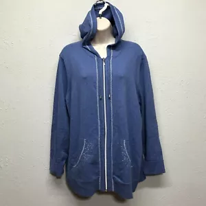 Chicos Zenergy Size 3 Blue Cotton Cashmere Full Zip Hooded Cardigan Sweater XL - Picture 1 of 9