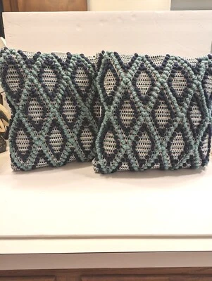 allen & roth Geometric India Square Indoor Outdoor Throw Pillows Navy Teal Cream - Image 1 of 4